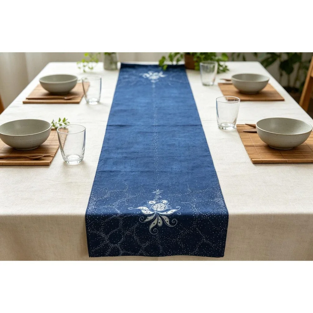 Indigo Batik Goldfish Table Runner | Handmade Cotton Dining Table Decor